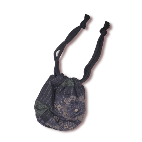 The TOMI Mini Drawstring Bag: Boro Patchwork Print in Blue