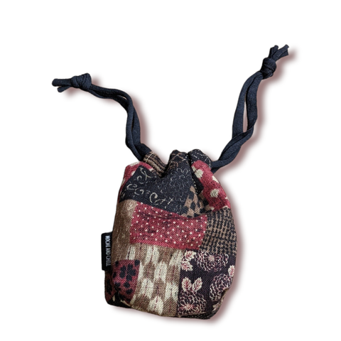 THE TOMI Mini Drawstring Bag: Red & Black Boro Patchwork Print